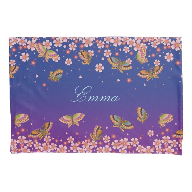 Butterflies & Sakura Blossoms Blue Personalised Pillowcase (Front)