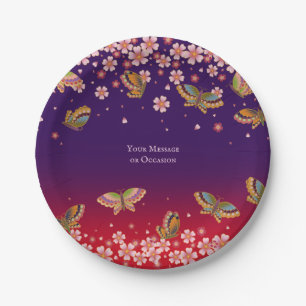Butterflies & Sakura Blossoms Purple Personalised Paper Plate