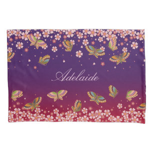 Butterflies & Sakura Blossoms Purple Personalised Pillowcase