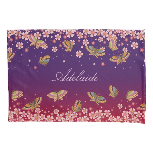 Butterflies & Sakura Blossoms Purple Personalised Pillowcase (Front)