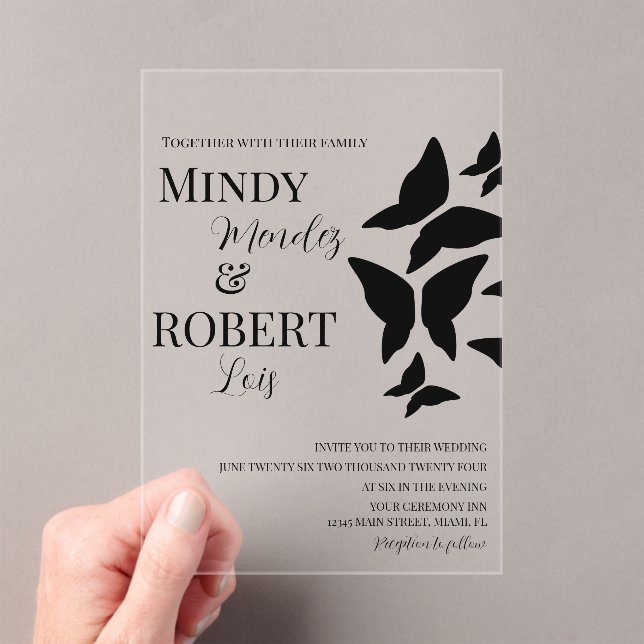 Butterflies Script Black White Wedding Invitation (Insitu (Handheld))