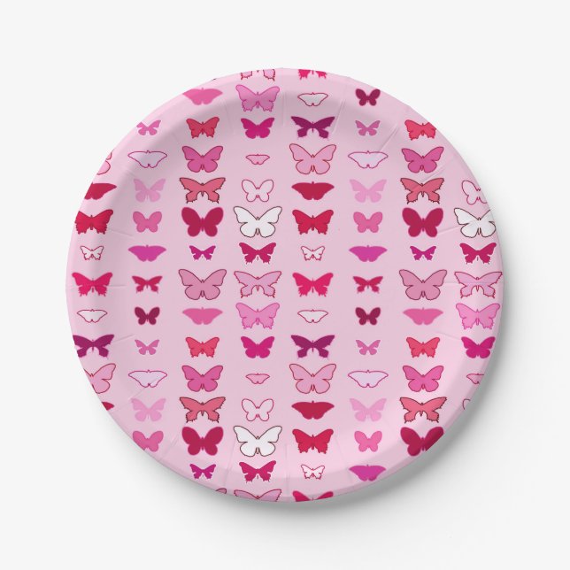 Butterflies, shades of pink and fuchsia paper plate (Front)