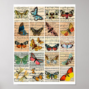Butterflies Sheet Music Vintage Ephemera Art Poster