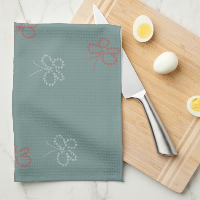 Butterflies Stars Sage Green Tea Towel (Quarter Fold)