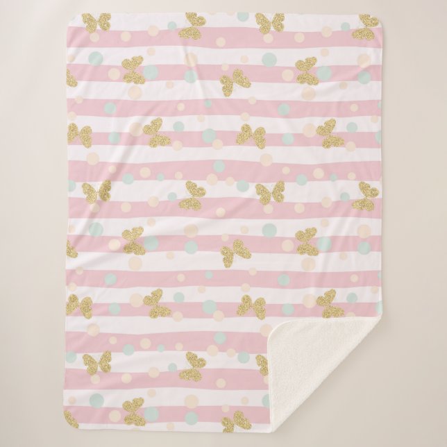 Butterflies Stripes and Polka Dots Sherpa Blanket (Front)