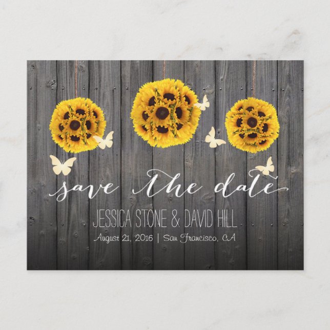 Butterflies & Sunflowers Barn Wood Save the Date Announcement Postcard (Front)