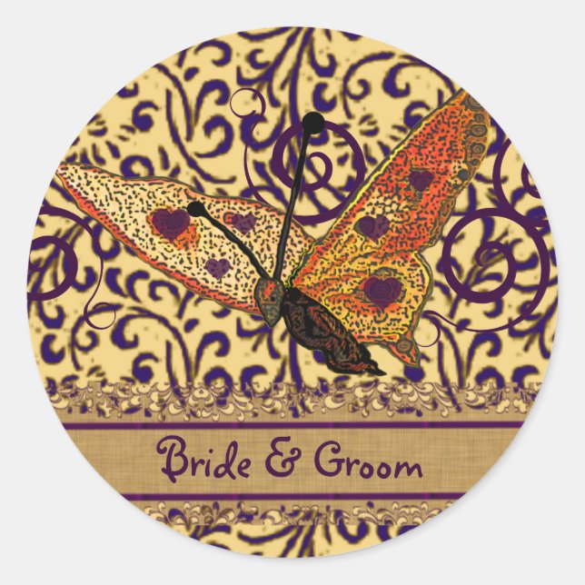 Butterflies Swirl Purple and Orange Classic Round Sticker (Front)