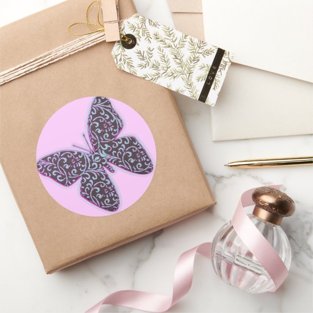 Butterflies Swirl Purple Classic Round Sticker (Gifting)