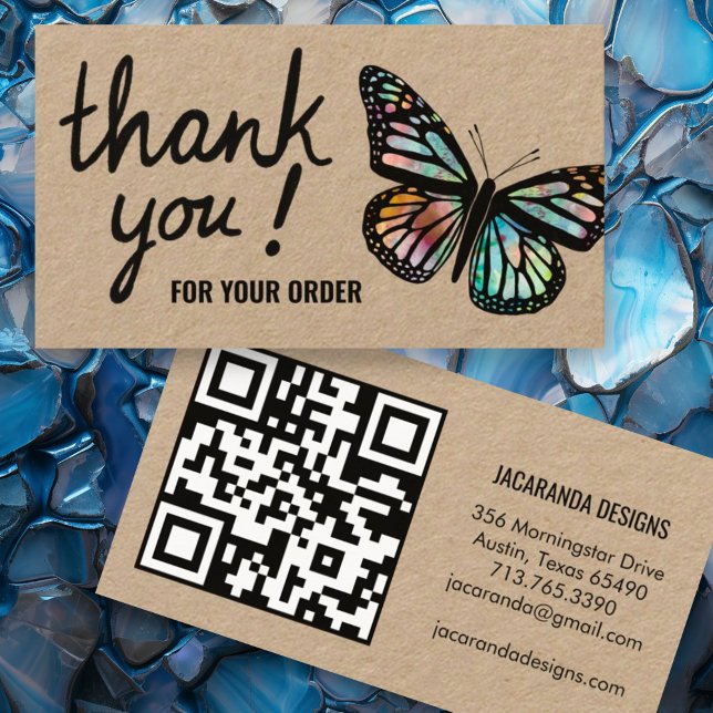Butterflies Thank You for Your Order QR Code Kraft Business Card (Kraft paper custom thank you for your order business cards with QR code and butterfly design)