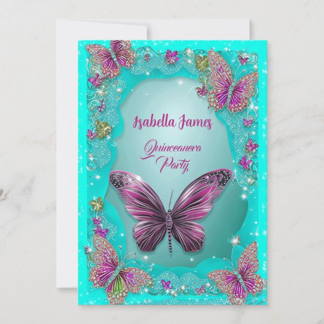 Butterflies turquoise purple sparkle glitter chic invitation (Front)