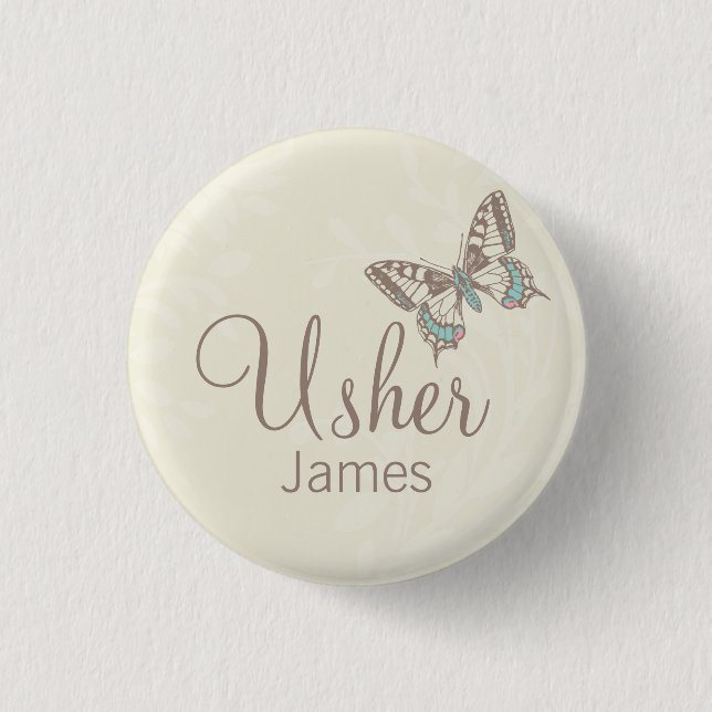 Butterflies Usher named cream wedding pin / button (Front)