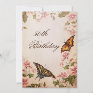 Butterflies & Vintage Almond Blossom 50th Birthday Invitation