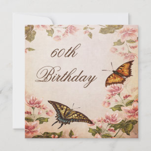Butterflies & Vintage Almond Blossom 60th Birthday Invitation