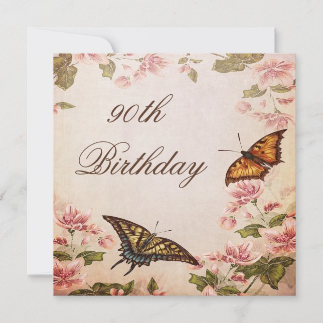 Butterflies & Vintage Almond Blossom 90th Birthday Invitation (Front)