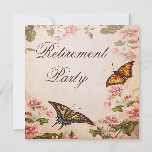 Butterflies & Vintage Almond Blossom Retirement Invitation (Front)