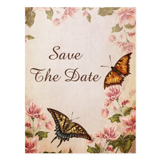 Butterflies & Vintage Almond Blossom Save The Date Postcard