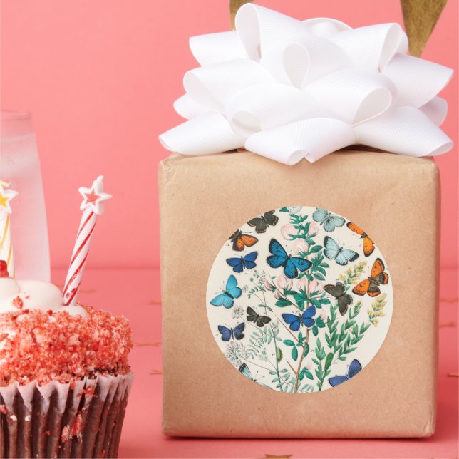 Butterflies, vintage illustration, classic round sticker (Party)