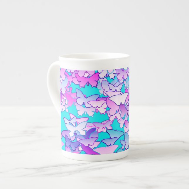 Butterflies, violet and turquoise bone china mug (Front Left)