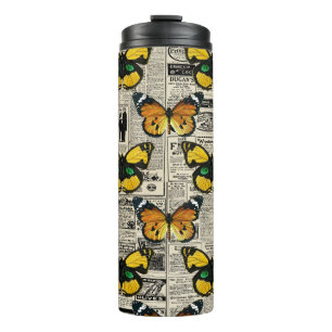 Butterflies Warm Colour Vintage Newspaper Butterfl Thermal Tumbler