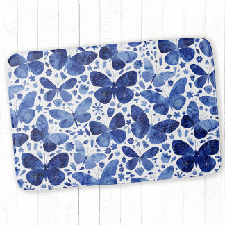 Butterflies Watercolor Blue Bath Mat