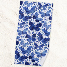 Butterflies Watercolor Blue Beach Towel