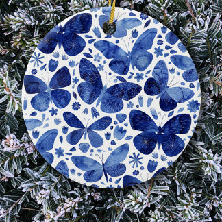 Butterflies Watercolor Blue Ceramic Tree Decoration