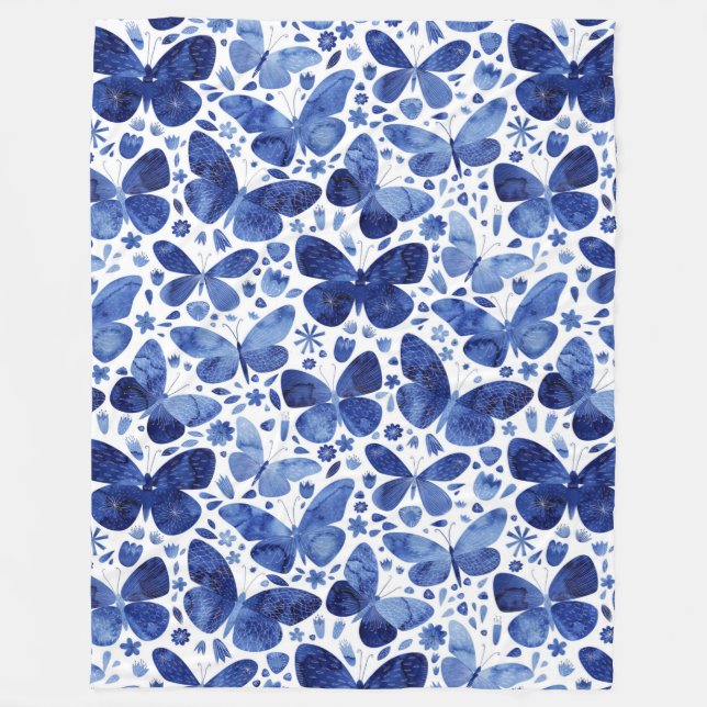 Butterflies Watercolor Blue Fleece Blanket (Front)