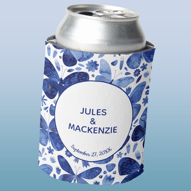 Butterflies Watercolor Blue Modern Boho Wedding Can Cooler (Blue and white watercolor butterfly pattern wedding bride groom name keepsake can cooler)