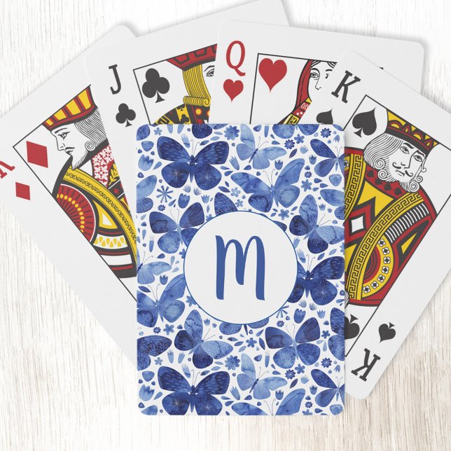 Butterflies Watercolor Blue Monogram Playing Cards (Blue and white butterfly watercolor monogram initial personalized playing cards)