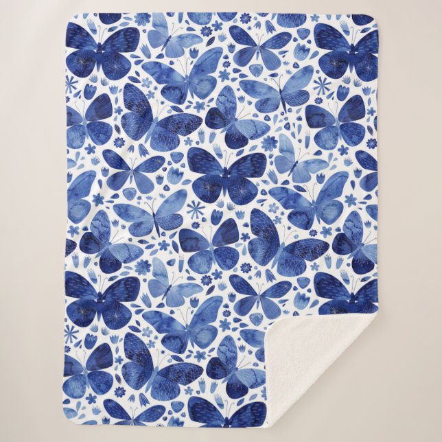 Butterflies Watercolor Blue Sherpa Blanket (Front)