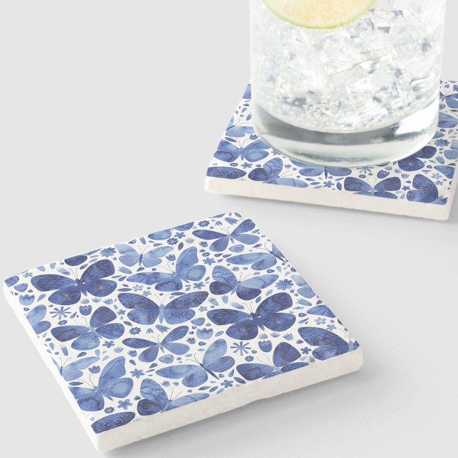 Butterflies Watercolor Blue Stone Coaster (Blue watercolor butterfly pattern stone coaster)