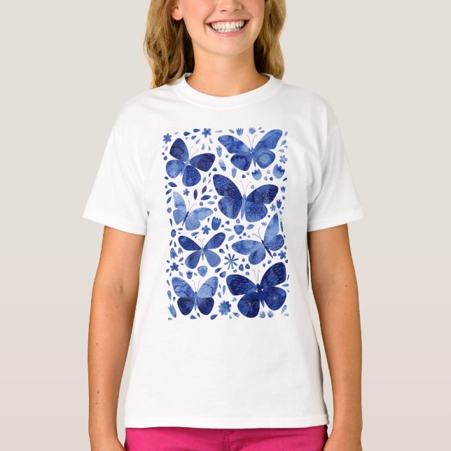 Butterflies Watercolor Blue T-Shirt (Front)