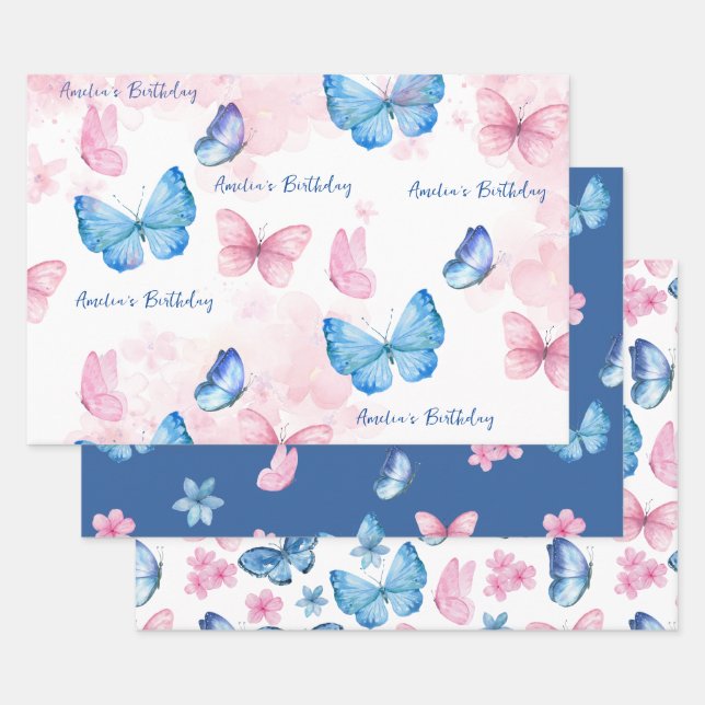 Butterflies Watercolor Blue Wrapping Paper (Set)
