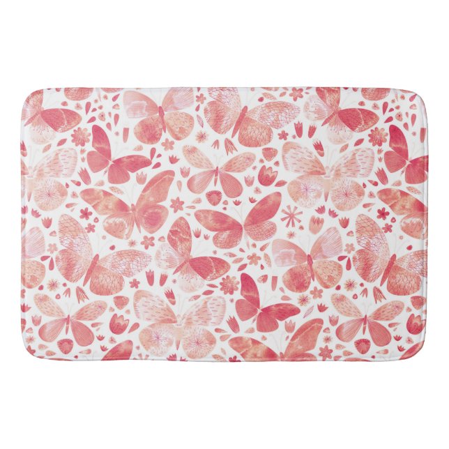 Butterflies Watercolor Coral Pink Bath Mat (Front)