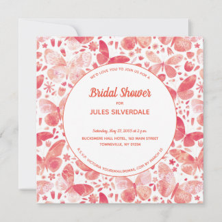 Butterflies Watercolor Coral Pink Bridal Shower Invitation