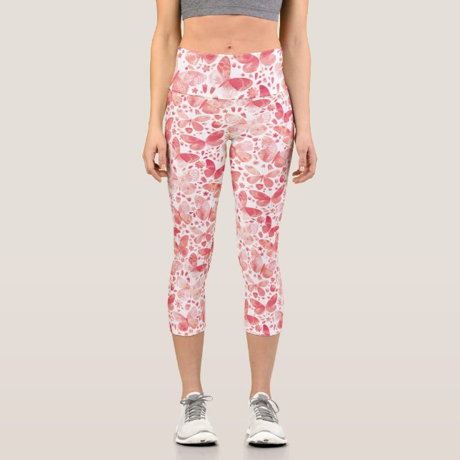 Butterflies Watercolor Coral Pink Capri Leggings (Front)