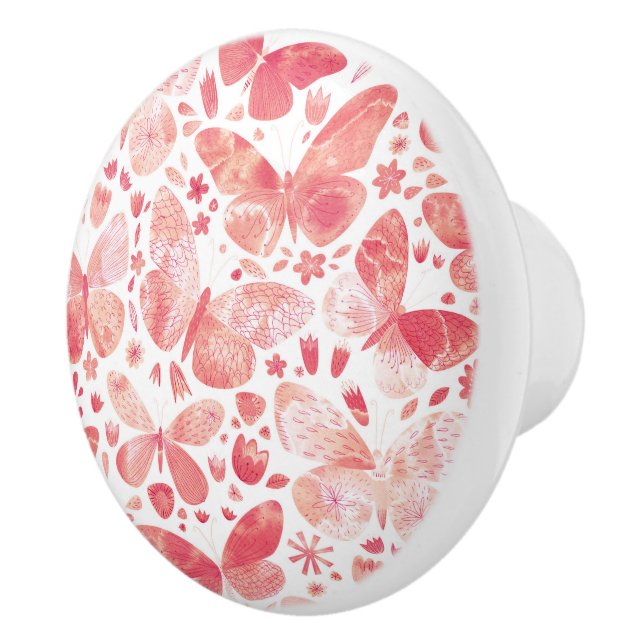 Butterflies Watercolor Coral Pink Ceramic Knob (Right)