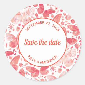 Butterflies Watercolor Coral Pink Save the Date Classic Round Sticker