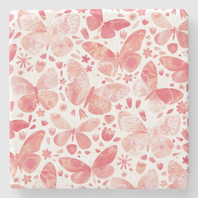 Butterflies Watercolor Coral Pink Stone Coaster (Front)