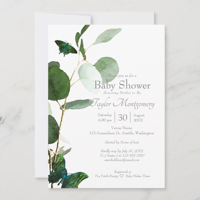 Butterflies & Watercolor Greenery Baby Shower Invitation (Front)