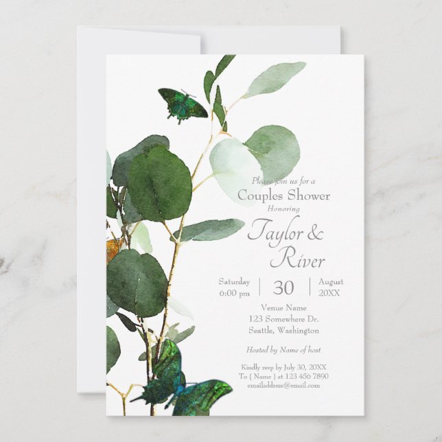 Butterflies & Watercolor Greenery Invitation (Front)