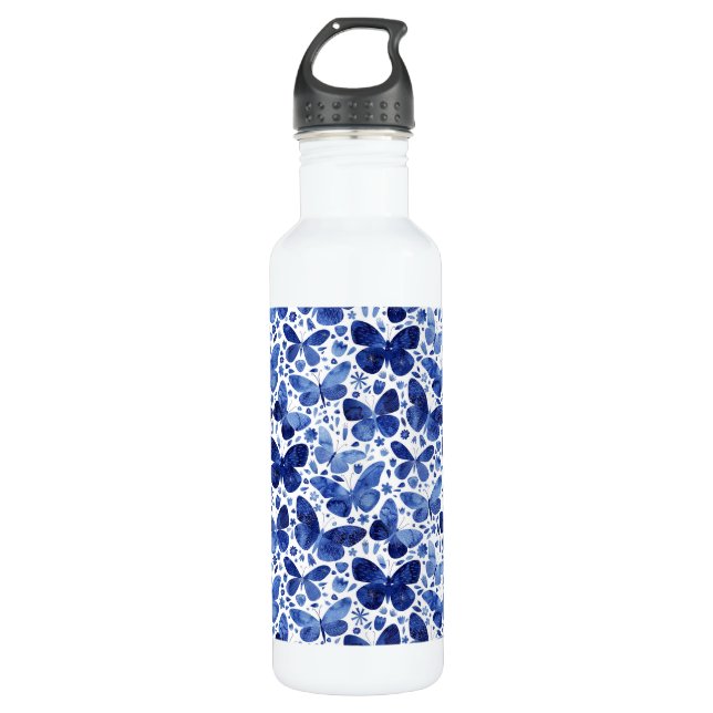 Butterflies Watercolor Indigo Blue 710 Ml Water Bottle (Front)