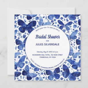 Butterflies Watercolor Indigo Blue Bridal Shower Invitation
