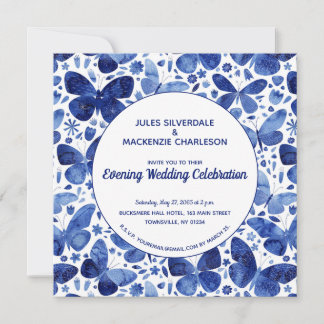 Butterflies Watercolor Indigo Blue Evening Wedding Invitation