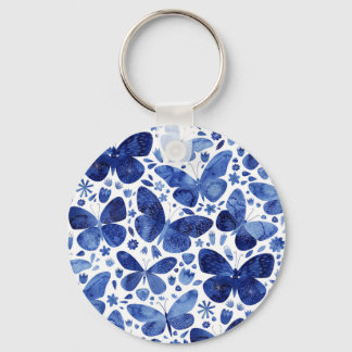 Butterflies Watercolor Indigo Blue Keepsake Key Ring
