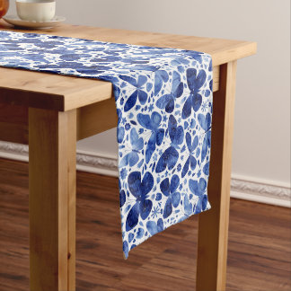 Butterflies Watercolor Indigo Blue Long Table Runner