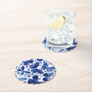 Butterflies Watercolor Indigo Blue Paper Coaster