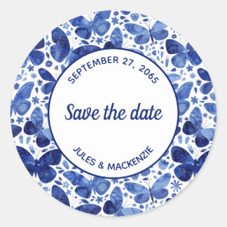 Butterflies Watercolor Indigo Blue Save the Date Classic Round Sticker