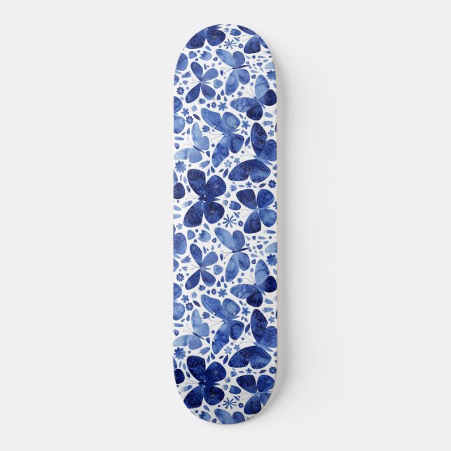 Butterflies Watercolor Indigo Blue Skateboard (Front)