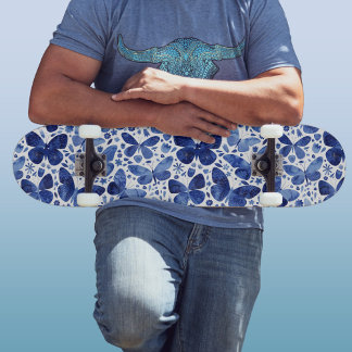 Butterflies Watercolor Indigo Blue Skateboard